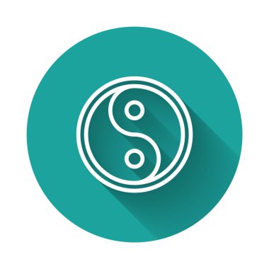 Beyaz çizgi Yin Yang 'ın sembolü uyum ve denge simgesi uzun gölgeli. Yeşil daire düğmesi. Vektör İllüstrasyonu.