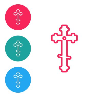 Kırmızı çizgi Hıristiyan çapraz simgesi beyaz arka planda izole edildi. Kilise haçı. Simgeleri daire düğmelerine ayır. Vektör İllüstrasyonu.