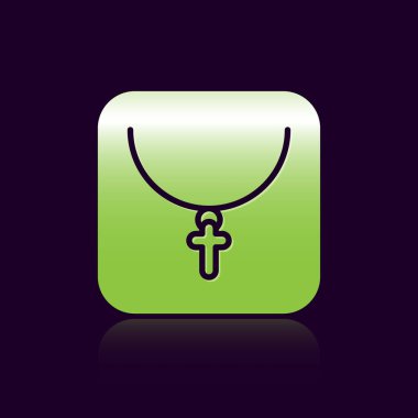 Siyah çizgi, siyah arka planda izole edilmiş simge üzerinde Hristiyan haçı. Kilise haçı. Yeşil kare düğmesi. Vektör İllüstrasyonu.