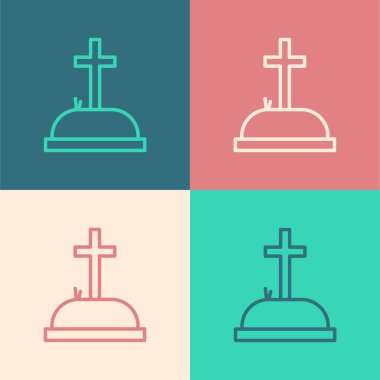 Çapraz simgesi renk arkaplanında izole edilmiş pop sanat çizgisi Tombstone. Mezar ikonu. Vektör İllüstrasyonu.