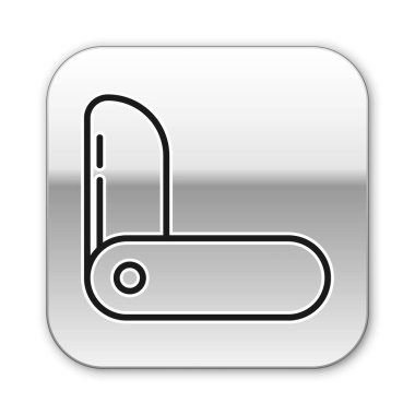 Beyaz arka planda siyah çizgili İsviçre çakısı ikonu var. Çoklu alet, çok amaçlı çakı. Çok fonksiyonlu bir alet. Gümüş kare düğme. Vektör İllüstrasyonu.