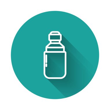 Beyaz çizgi Tıbbi marihuana veya kenevir yaprağı zeytinyağı damlası ikonu uzun gölgeli. Esrar özütü. Kenevir sembolü. Yeşil daire düğmesi. Vektör İllüstrasyonu.