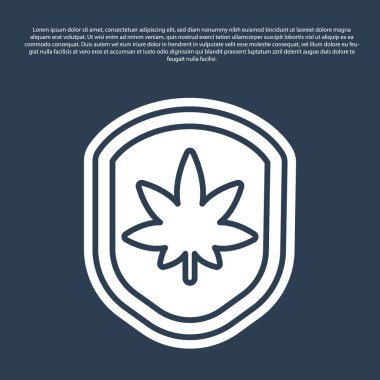 Mavi çizgi kalkanı ve marihuana ya da kenevir yaprağı ikonu mavi arka planda izole edilmiş. Marihuanayı yasallaştırma. Kenevir sembolü. Vektör İllüstrasyonu.