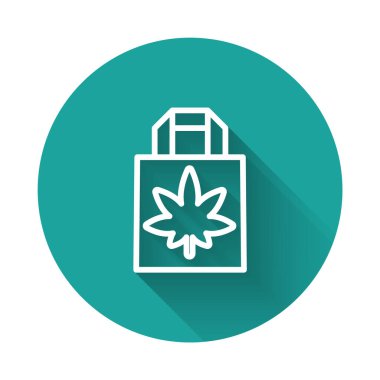 Uzun gölgeli beyaz çizgili alışveriş poşeti ya da kenevir yaprağı ikonu. Kenevir almak. Kenevir sembolü. Yeşil daire düğmesi. Vektör İllüstrasyonu.