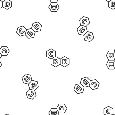 Gri çizgi Kenevir molekül ikonu beyaz arka planda izole edilmiş pürüzsüz desen. Cannabidiol moleküler yapıları, THC ve CBD formülü. Marihuana işareti. Vektör İllüstrasyonu.
