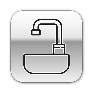 Beyaz zemin üzerinde su musluğu simgesi olan siyah çizgili lavabo. Gümüş kare düğme. Vektör İllüstrasyonu.