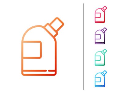 Çamaşır deterjanı, çamaşır suyu, bulaşık deterjanı ya da beyaz arka planda izole edilmiş başka bir temizlik maddesi simgesi için kırmızı çizgi plastik şişeler. Renk simgelerini ayarla. Vektör İllüstrasyonu.