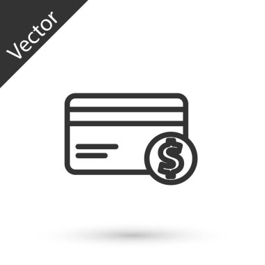 Gri çizgi kredi kartı ve dolar sembolü beyaz arka planda izole edilmiş. Çevrimiçi ödeme. Nakit çekilmesi. Finansal operasyonlar. Vektör İllüstrasyonu.