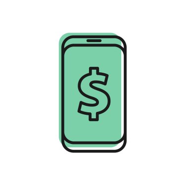 Beyaz arkaplanda dolar sembolü olan siyah çizgi akıllı telefon. İnternetten alışveriş konsepti. Finansal cep telefonu. Çevrimiçi ödeme. Vektör İllüstrasyonu.