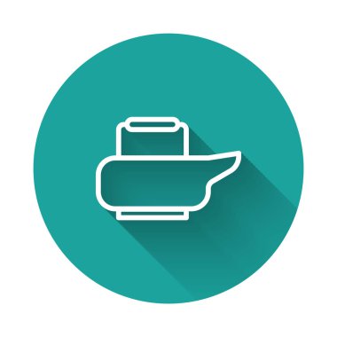 Beyaz çizgi Bedpan simgesi uzun gölgeli izole edilmiş. Yatalak hastalar için tuvalet. Yeşil daire düğmesi. Vektör İllüstrasyonu.