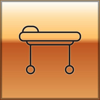 Altın arka planda siyah çizgi sedye simgesi izole edildi. Hastanenin tıbbi sedyesi. Vektör İllüstrasyonu.