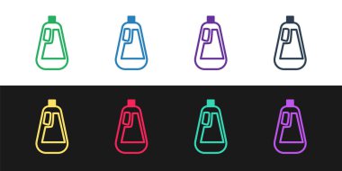 Plastik şişeyi sıvı çamaşır deterjanı, çamaşır suyu, bulaşık deterjanı için siyah ve beyaz arka planda izole edilmiş sıvı ikon olarak ayarla. Vektör İllüstrasyonu.