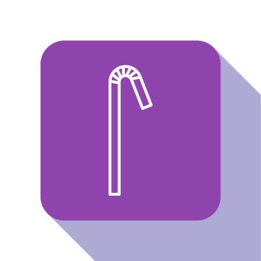 Beyaz arkaplanda izole edilmiş plastik saman simgesi içen beyaz çizgi. Mor kare düğme. Vektör İllüstrasyonu.