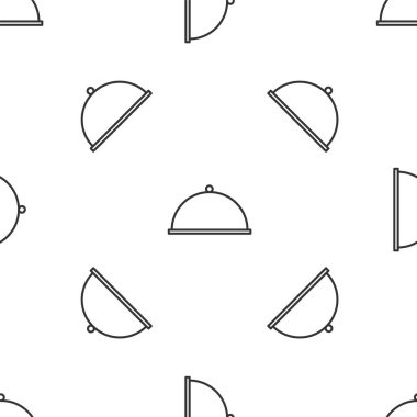 Gri çizgi, beyaz arka planda izole edilmiş yemek ikonu tepsisiyle kaplıydı. Tepsi ve kapak. Kapaklı bir restoran saati. Mutfak eşyaları sembolü. Vektör İllüstrasyonu.