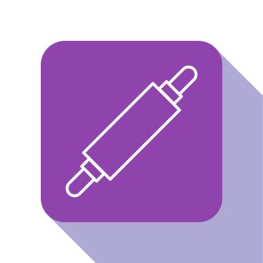 Beyaz çizgi yuvarlanan pin simgesi beyaz arkaplanda izole edildi. Mor kare düğme. Vektör İllüstrasyonu.