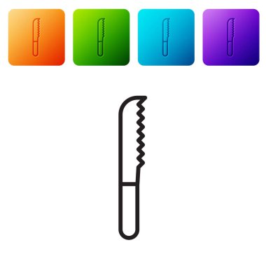 Siyah çizgi ekmek bıçağı ikonu beyaz arkaplanda izole edilmiş. Çatal bıçak sembolü. Renkli kare düğmelerle simgeleri ayarla. Vektör İllüstrasyonu.