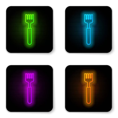Parlayan neon çizgisi Fork simgesi beyaz arkaplanda izole edildi. Çatal bıçak sembolü. Siyah kare düğme. Vektör İllüstrasyonu.