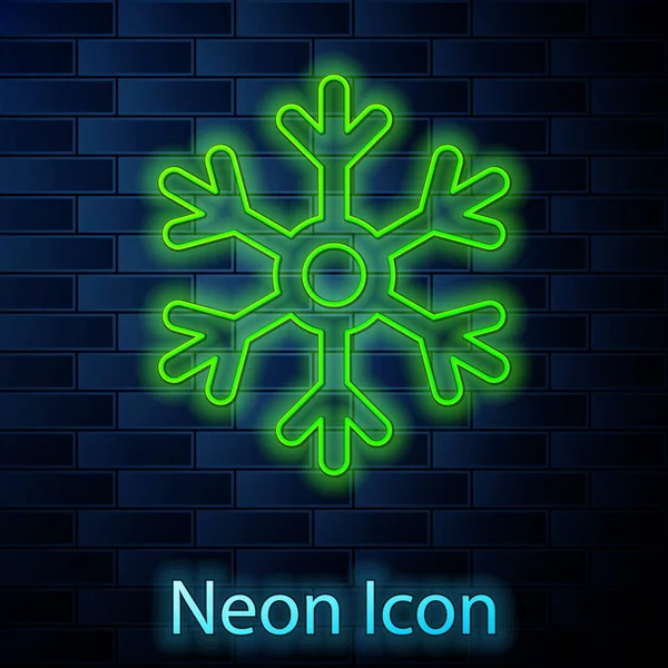 Gloeiende Neon Lijn Sneeuwvlok Pictogram Geïsoleerd Baksteen Muur Achtergrond Vector — Stockvector