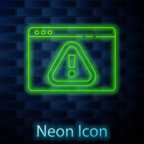 Leuchtender Neon Line Browser Mit Ausrufezeichen Symbol Isoliert Auf Ziegelwand — Stockvektor