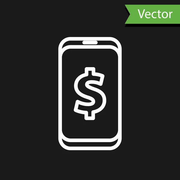 Linha Branca Smartphone Com Símbolo Dólar Ícone Isolado Fundo Preto — Vetor de Stock