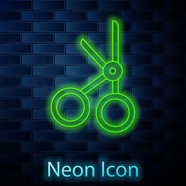 Glowing Neon Line Medical Scissors Icon Isolated Brick Wall Background — Stock Vector