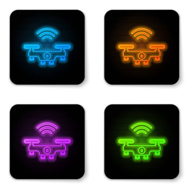 Parlayan neon akıllı dron sistemi simgesi beyaz arkaplanda izole edildi. Video ve fotoğraf makinesi sembollü dörtlü helikopter. Siyah kare düğme. Vektör.