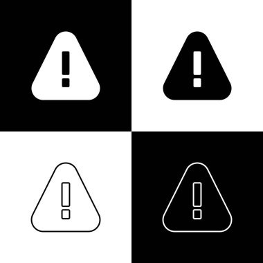 Siyah ve beyaz arkaplanda izole edilmiş üçgen simgesinde ünlem işaretini ayarla. Tehlike uyarısı, dikkat, dikkat, tehlike uyarısı. Vektör.
