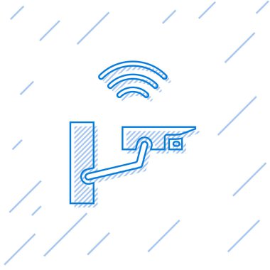 Mavi çizgi Akıllı güvenlik kamerası simgesi beyaz arkaplanda izole edildi. İnternet kavramının kablosuz bağlantısı. Vektör.