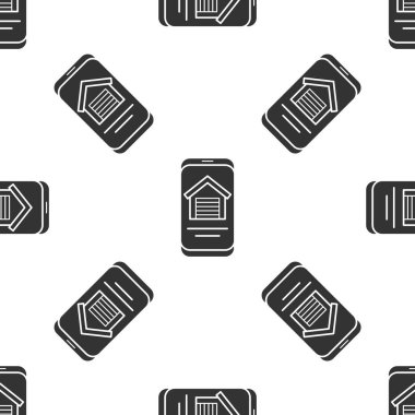 Akıllı telefon ikonundaki Grey Online emlak evi beyaz arka plandaki kusursuz deseni izole etti. Ev kredisi konsepti, kira, satın alma, mülk alma. Vektör.