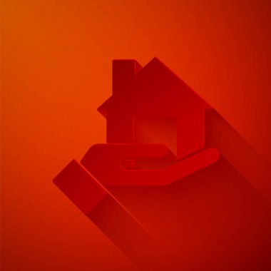 Kağıt kesiği emlakçı simgesi kırmızı arkaplanda izole edildi. Ev almak. Kağıt sanatı tarzı. Vektör.