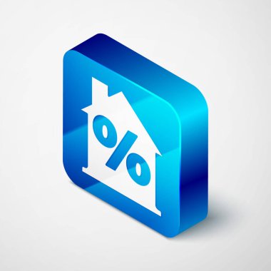 Gri arkaplanda özel indirimli etiket simgesine sahip Isometric House. Emlak evi. Kredi yüzdesi sembolü. Mavi kare düğme. Vektör.