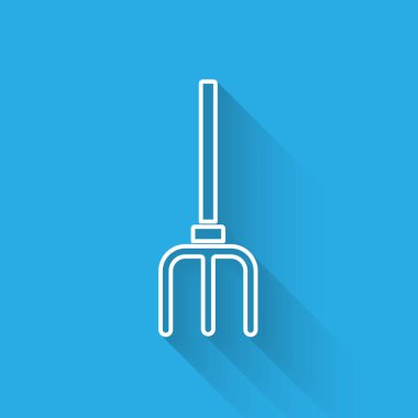 Beyaz çizgi bahçe yabası ikonu uzun gölgeli izole edilmiş. Bahçe çatalı işareti. Bahçecilik, tarım, çiftçilik aleti. Vektör.