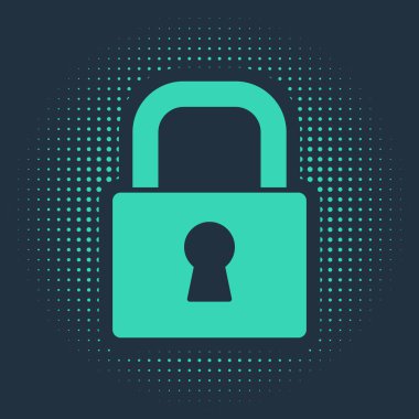 Mavi arkaplanda yeşil kilit simgesi izole edildi. Asma kilit işareti. Güvenlik, güvenlik, koruma, gizlilik kavramı. Soyut çember rastgele noktalar. Vektör.