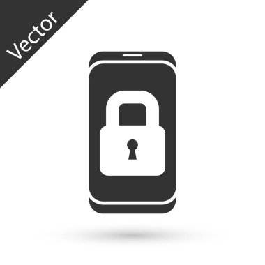 Beyaz arka planda kapalı asma kilit simgesine sahip gri akıllı telefon. Kilitli telefon. Gezici güvenlik, güvenlik, koruma konsepti. Vektör.