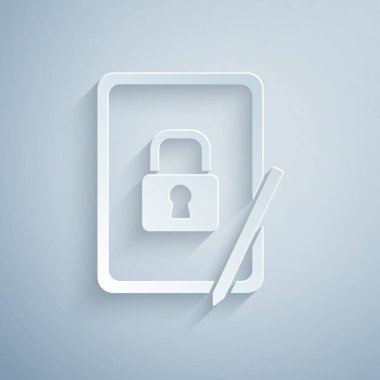 Gri arkaplanda kapalı asma kilit simgesiyle kağıt kesimi grafiksel tablet. Kilitli telefon. Gezici güvenlik, güvenlik, koruma konsepti. Kağıt sanatı tarzı. Vektör.