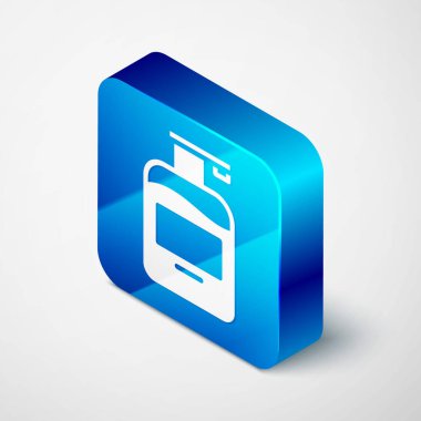 Gri arka planda izole edilmiş şeker ikonu içeren sıvı antibakteriyel sabun şişesi. Antiseptik. Dezenfeksiyon, hijyen, cilt bakımı. Mavi kare düğme. Vektör.