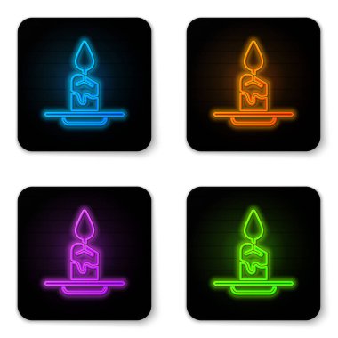 Parlayan neon renkli Aroma mum simgesi beyaz arkaplanda izole edildi. Siyah kare düğme. Vektör.