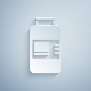 Kağıt kesiği Kolajen serumu ve gri arka planda izole edilmiş vitamin ikonu. Yüz bakımı esansı cilt bakımı kozmetiği. Kağıt sanatı tarzı. Vektör.