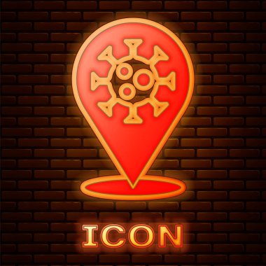 Işıldayan neon Corona virüsü 2019-nCoV tuğla duvar arka planında izole edilmiş konum ikonu. Bakteri ve mikroplar, hücre kanseri, mikrop, mantar. Vektör..