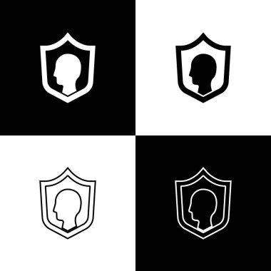 Siyah beyaz arka planda izole edilmiş bir kalkan simgesi ile Hayat Sigortası belirleyin. Güvenlik, güvenlik, koruma, konsept koruma. Vektör..