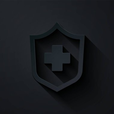 Kağıt kesiği, siyah arka planda izole edilmiş sağlık sigortası ikonu. Hasta koruması. Güvenlik, güvenlik, koruma, konsept koruma. Kağıt sanatı tarzı. Vektör..