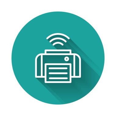 Beyaz çizgi Akıllı yazıcı sistemi simgesi uzun gölgeli izole edildi. İnternet kavramının kablosuz bağlantısı. Yeşil daire düğmesi. Vektör.