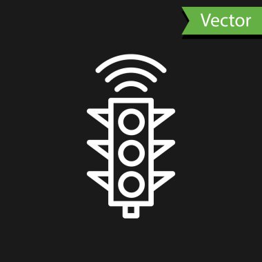 Beyaz çizgi Akıllı trafik lambası simgesi siyah arkaplanda izole edildi. İnternet kavramının kablosuz bağlantısı. Vektör.