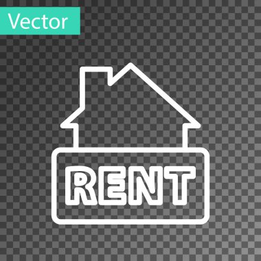Saydam arkaplanda metin kira simgesi izole edilmiş beyaz çizgi asılı işareti. Kiralık mesajlı pano. Vektör.