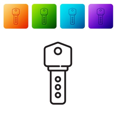 Beyaz arkaplanda siyah çizgi ev anahtarı simgesi izole edildi. Renkli kare düğmelerle simgeleri ayarla. Vektör.