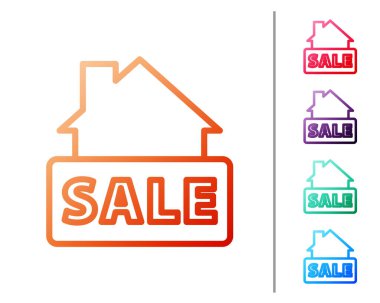 Beyaz arka planda izole edilmiş metin satışı simgesiyle kırmızı çizgi asılı. Mesaj indirimli tabela. Renk simgelerini ayarla. Vektör.