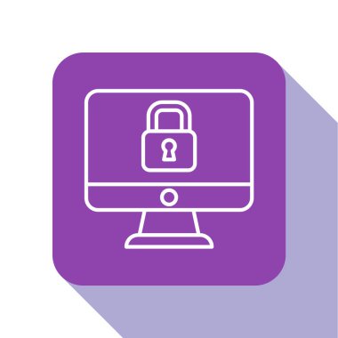 Bilgisayar ekranındaki beyaz çizgi kilidi beyaz arkaplanda izole edildi. Güvenlik, güvenlik, koruma kavramı. Güvenli bir ağ. Mor kare düğme. Vektör.