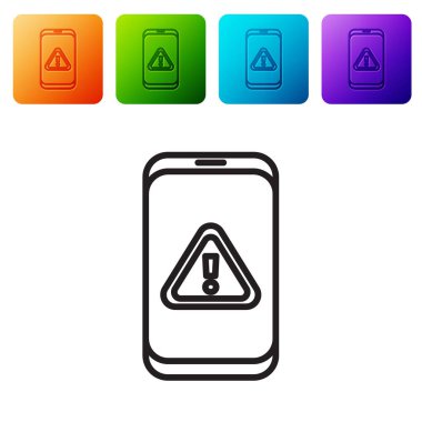 Beyaz zemin üzerinde ünlem işareti simgesi olan siyah çizgi cep telefonu. Uyarı mesajı akıllı telefon uyarısı. Renkli kare düğmelerle simgeleri ayarla. Vektör.