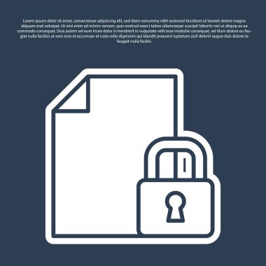 Mavi çizgi Belgesi ve kilit simgesi mavi arkaplanda izole edildi. Dosya biçimi ve asma kilit. Güvenlik, güvenlik, koruma kavramı. Vektör.
