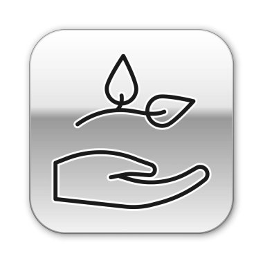 Beyaz arka planda izole edilmiş siyah çizgi yaprak çevre koruma ikonu. Tohum ve tohum. Fidan dikiyorum. Ekoloji konsepti. Gümüş kare düğme. Vektör.